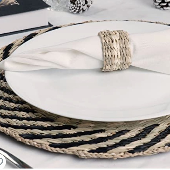 ATHENA HOME 6 Woven round seagrass Placemats napkin rings & serving tray NEW - Picture 5 of 8